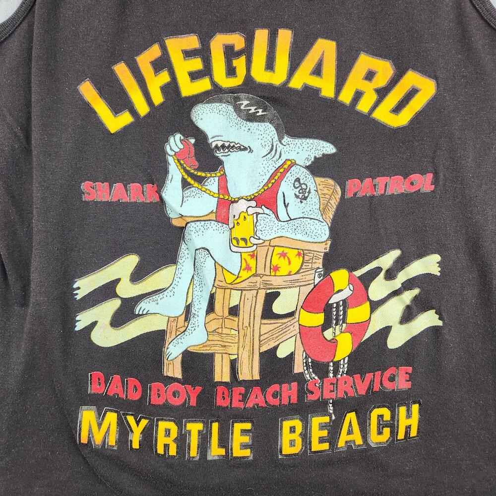 Vintage Myrtle Beach Lifeguard Tank Top Mens Large Shark Graphic Made USA 80s